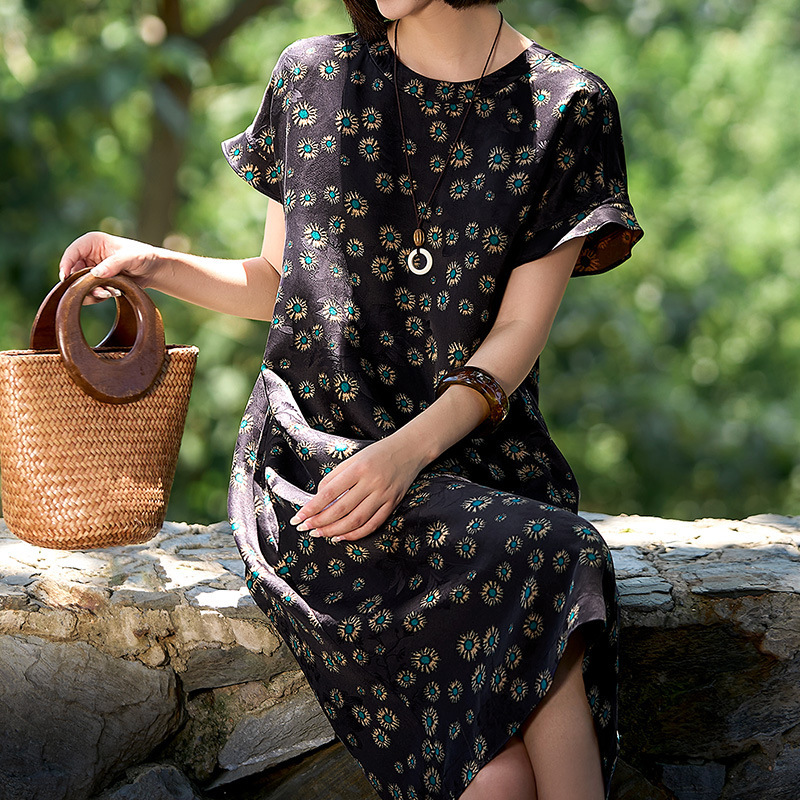 Traditional Red Cloud Silk Ink-Colored Floral Pattern New Chinese Style Mulberry Silk Dress Strap Dress Top for Summer