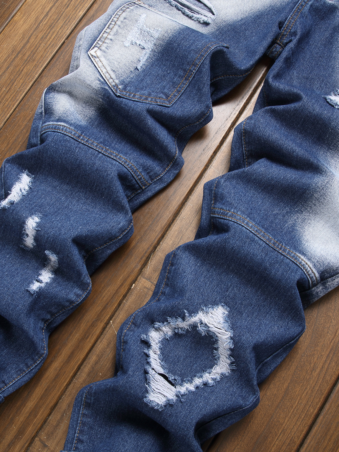 Men's Distressed Retro Straight Leg Jeans Slim Fit Wish Denim Trousers_mkmklike.com