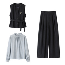 通勤职场套装女2025秋季新款长袖衬衫藏青马甲裤子三件套A85A583