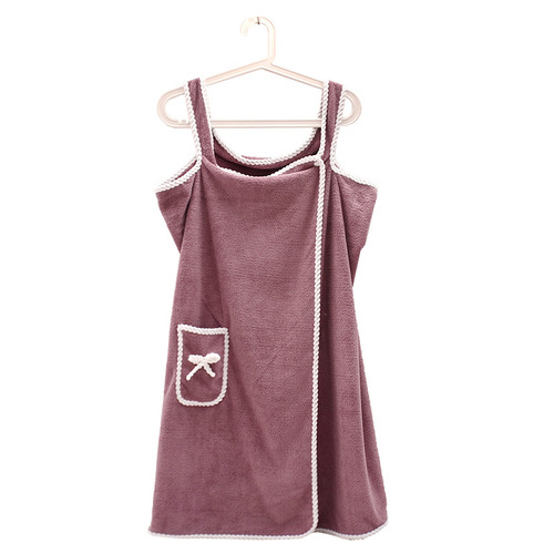 Coral velvet bow pocket strap bath robe super soft absorbent can be worn as a large bath towel for home use shower wrap wholesale