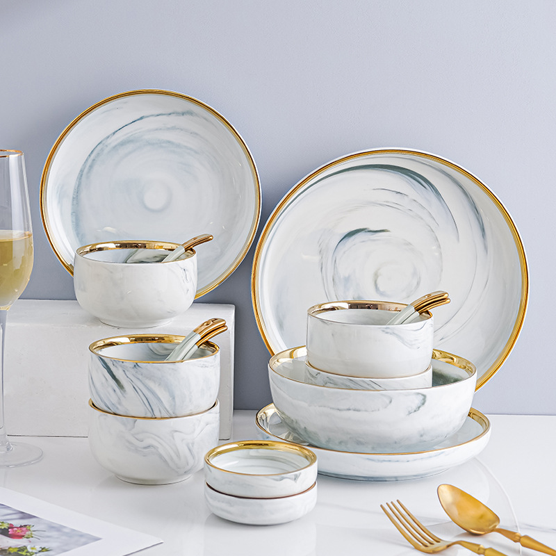 Nórdico creativo borde dorado mármol cerámica tazón vajilla traje hogar Luz de lujo Internet Celebrity Bowl placa combinación traje