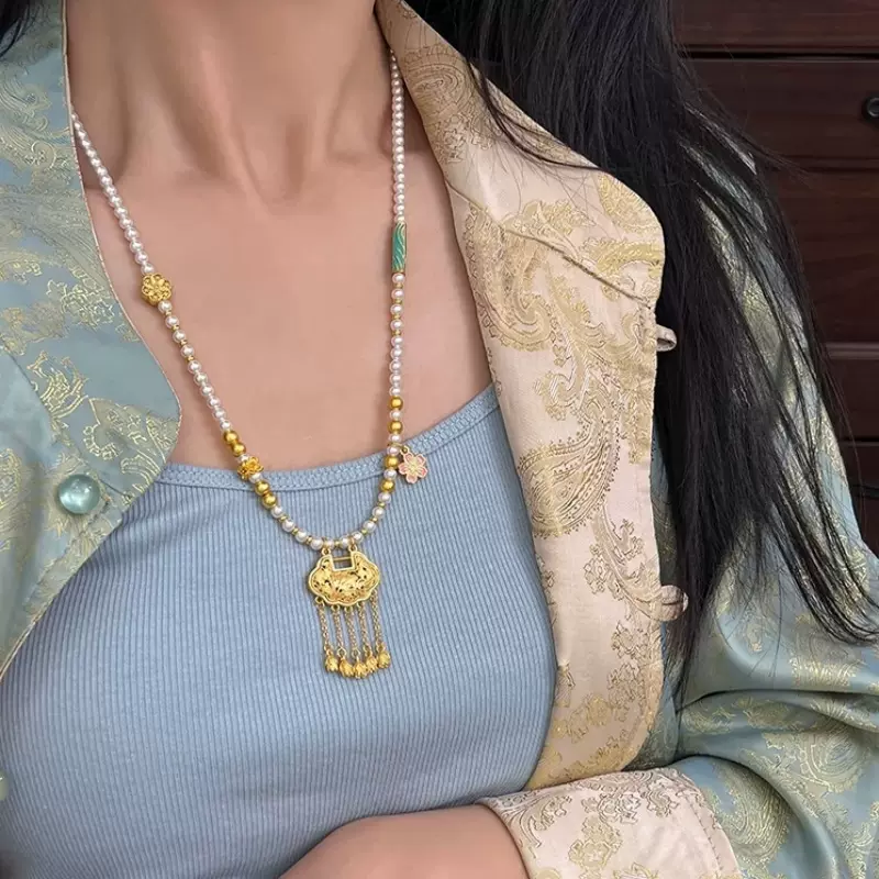 原创设计新中式项链古法沙金项链平安如意锁施家珍珠长款项链新款