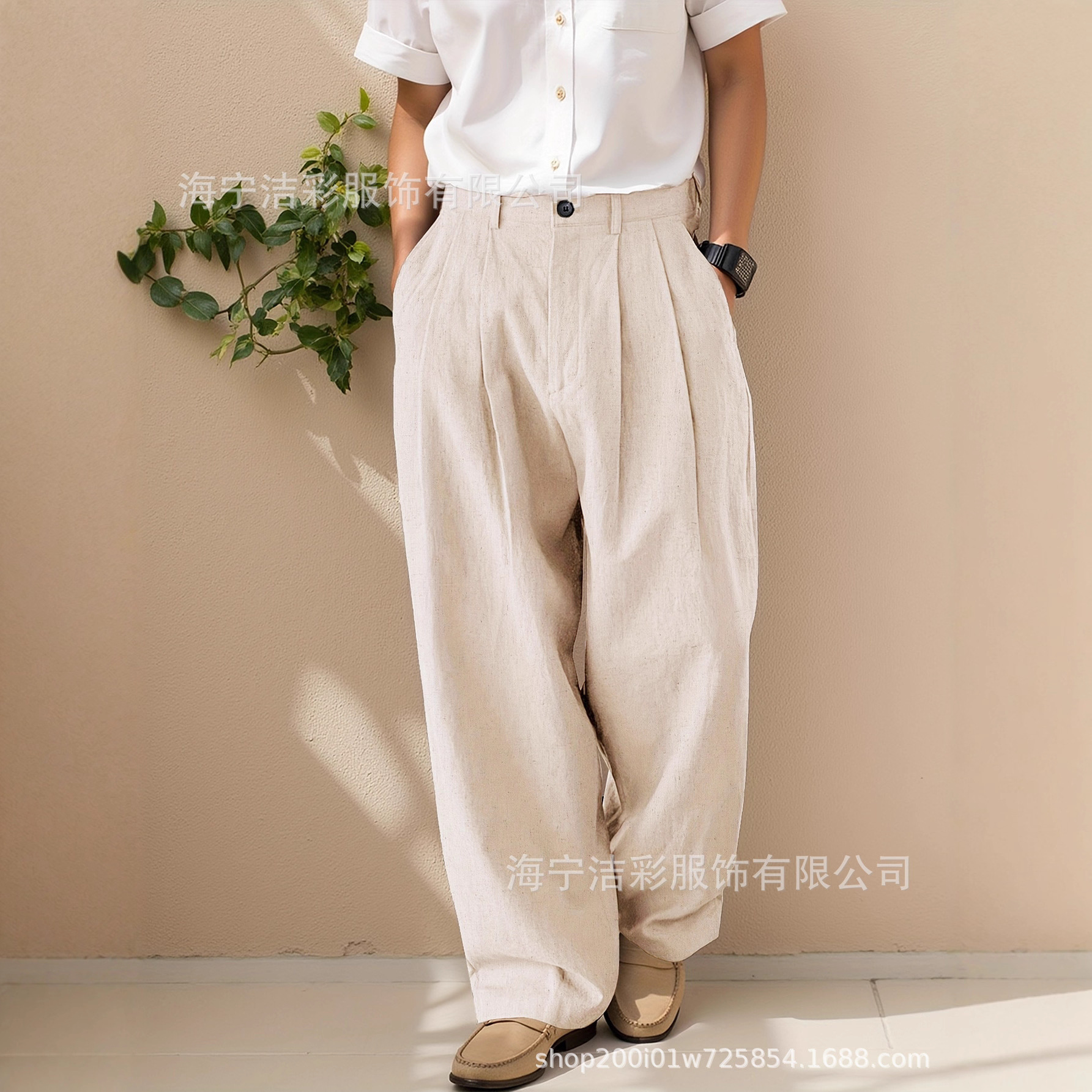Cross-Border Men's Linen Loose Half-Tendon Waist Double Pleated Loose Simple Fashion Personalized Trousers
