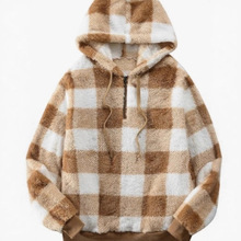 2025秋冬欧美风棕白格纹连帽卫衣女 秋冬半拉链毛绒宽松保暖上衣