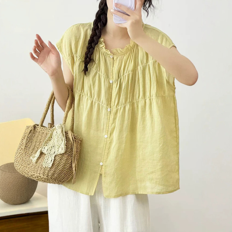 Summer New Solid Color Babydoll Shirt Pure Ramie Pleated Lace Collar Blouse