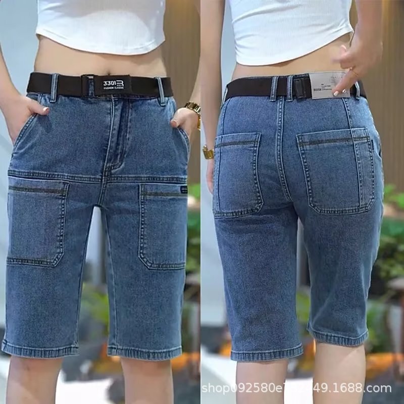 TikTok Explosive Six-pocket Jeans Men's Slim-fit Seven-point Men's Casual Stretch Multi-pocket Wear-resistant Work Shorts