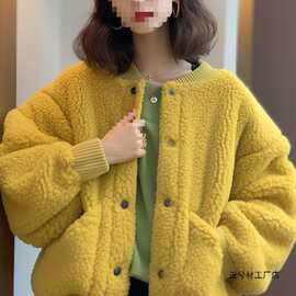 加厚黄色羊羔绒外套女小香风冬季小个子韩系短外套颗粒绒厚款上衣