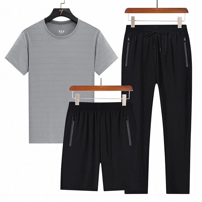 Trajes deportivos de verano transfronterizos de seda de hielo para hombres, camisetas de manga corta, pantalones cortos de tres piezas casuales para hombres