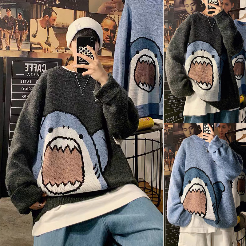 Hong Kong Style Cartoon Shark Crewneck Sweater Men's Winter Loose Ins Hong Kong Style Lazy Korean Style Thickened Knitted Sweater