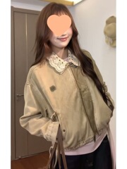 美式复古卡其色钩花镂空翻领外套女秋季设计感宽松休闲短款夹克潮
