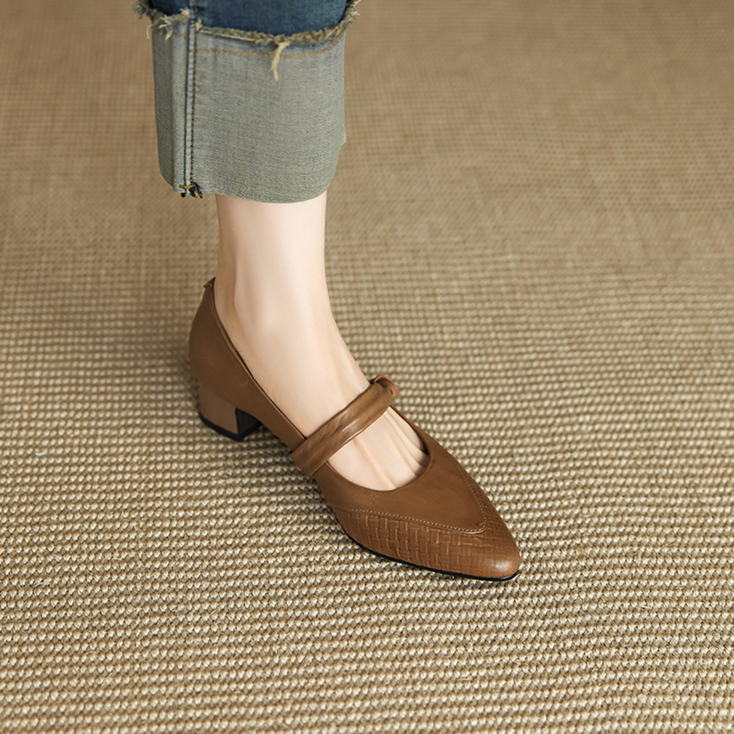 Giày Mary Jane nữ mũi nhọn miệng nông da bò thật gót dày 4cm kiểu Pháp — đen