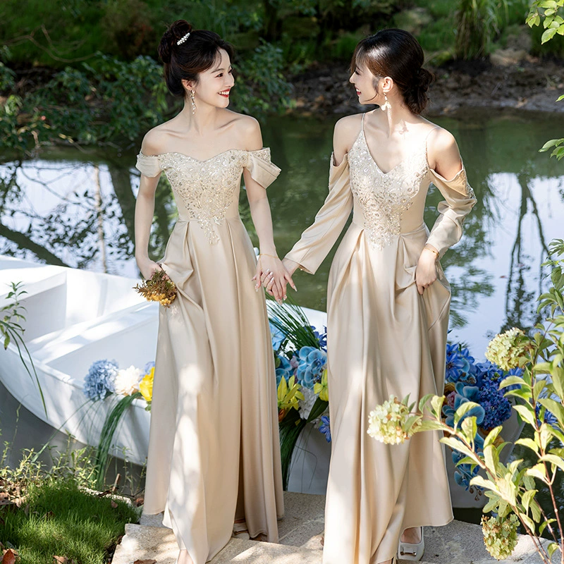 Атласное платье для подружки невесты можно носить повседневно, новинка весны и лета 2025 года с длинными рукавами для сестринской группы в стиле высокой ниши.