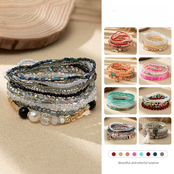 Vacation Style Bohemian Rice Beads Bracelet Ins Design Sense Niche Contrast Color Overlapping Bracelet suit Cross-border Source