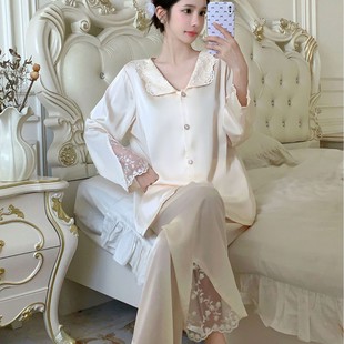 French New Arrival Palace Style Pajamas Women's Silk Long-Sleeved Spring and Autumn suit Outwear Girl's Ice Silk Cardigan Home Clothes