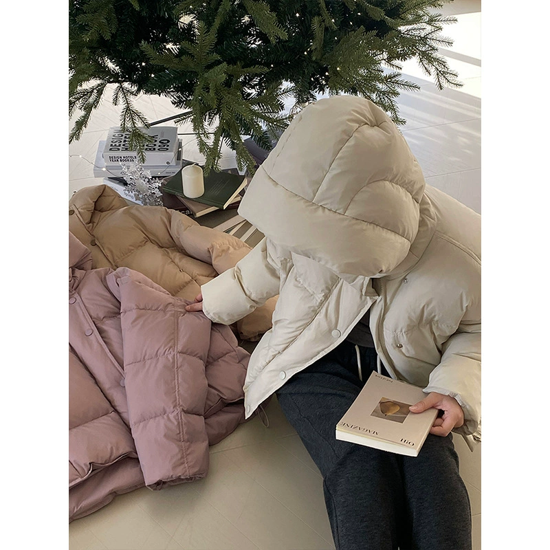 Пушистый пуховик в стиле цзянцзуо кендоу, Женский утолщенный 90 белый утиный пух с капюшоном, короткое зимнее хлебное пальто 572
