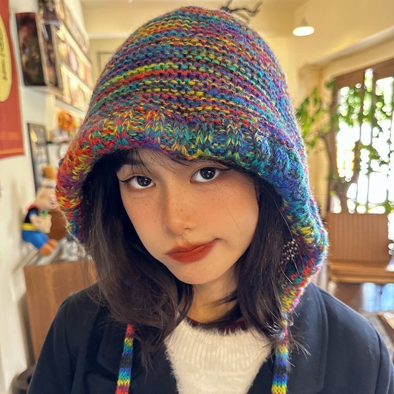 彩虹渐变毛线帽子女冬显脸小民族风绑带包头针织帽保暖护耳大头围|undefined