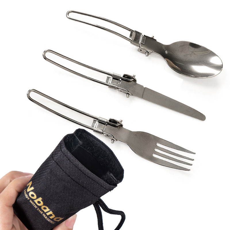 Outdoor portable folding spoon stainless steel foldable knife, fork and spoon picnic three-piece tableware wholesale Black