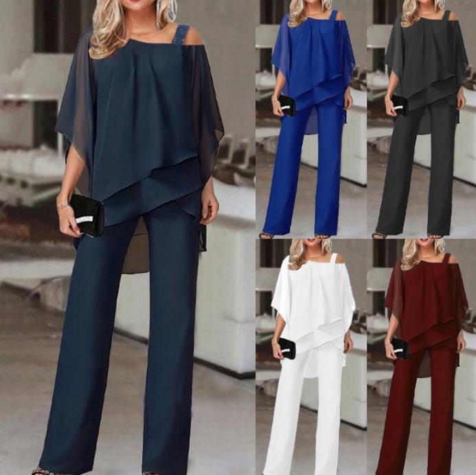 Batwing Sleeve Top and Long Pants Women's Casual Off-Shoulder Irregular Party Set Elegant Two-Piece Set 2026 Spring Summer Autumn