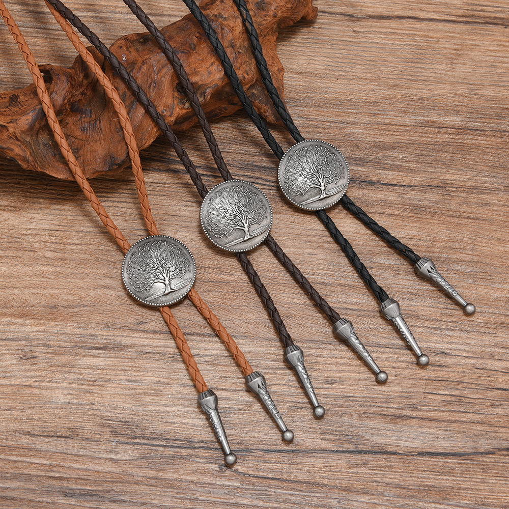 复古生命树纹编织皮绳波洛领结男女通用西部风金属吊坠项链配饰