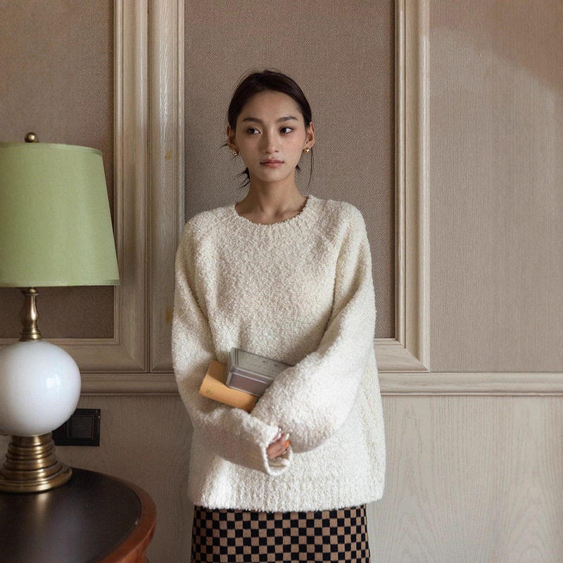 懒风圆领纯色毛衣女冬季套头内搭保暖洋气宽松气质针织打底衫|undefined