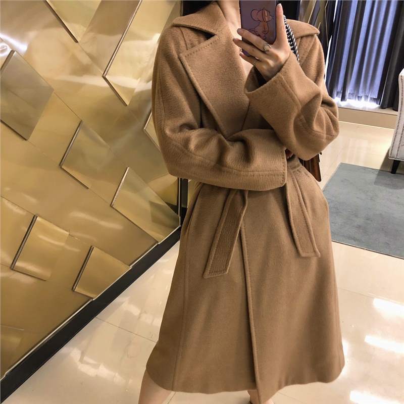 24 Years New Manuela Double-sided Camel Velvet Water Ripple Cashmere Coat Women's camel Mid-length Slim Fit Coat