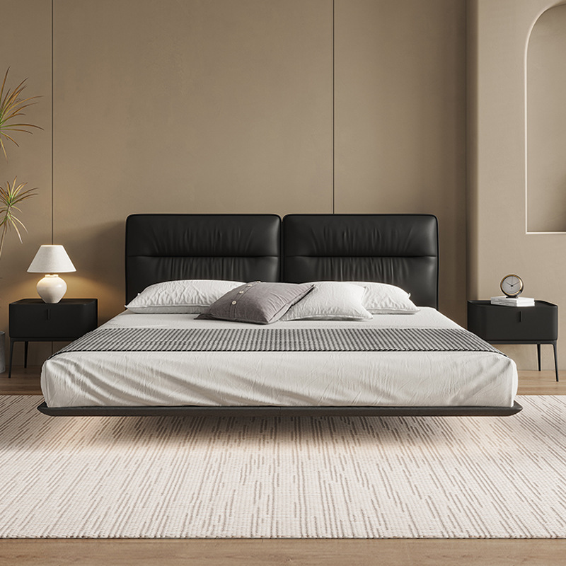Italiano minimalista cama de cuero genuino moderno minimalista dormitorio principal negro borde de la cama de suspensión suave bolsa de boda cama doble cama 1,8 M