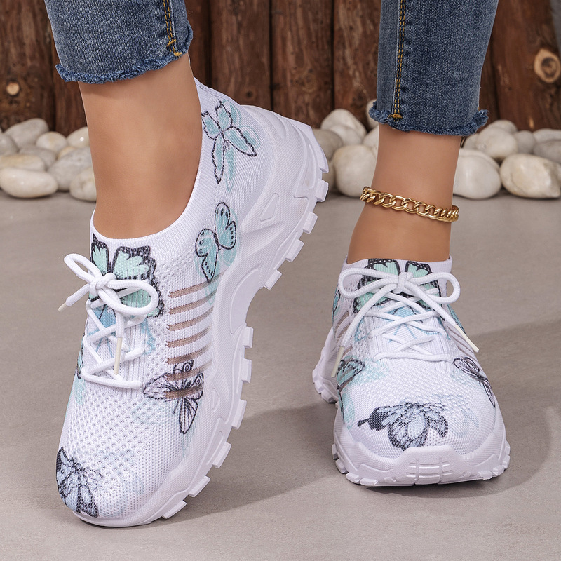 Cross-Border Women's Shoes, European and American Style, Height-Increasing Casual Shoes, Butterfly Pattern Fly-Knit Single Shoes, Temu Sneakers, Thick-Soled Dad Shoes