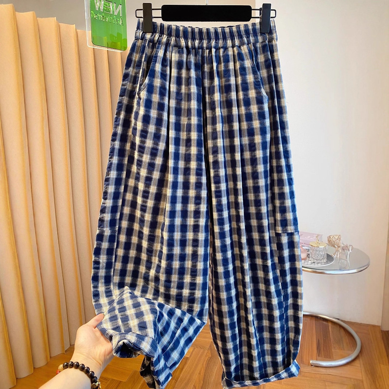 Plus Size 150kg Plaid Harem Pants for Women Summer 2025 New Loose Versatile Elastic High-Waisted Cropped Casual Pants