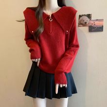 韩系拉链娃娃领毛衣春秋新款显瘦红色短款打底针织衫上衣穿搭百搭