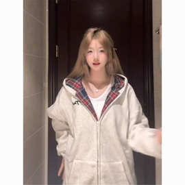 春秋外套女新款纯棉格子拼接开衫拉链别致通勤上衣学院风连帽卫衣