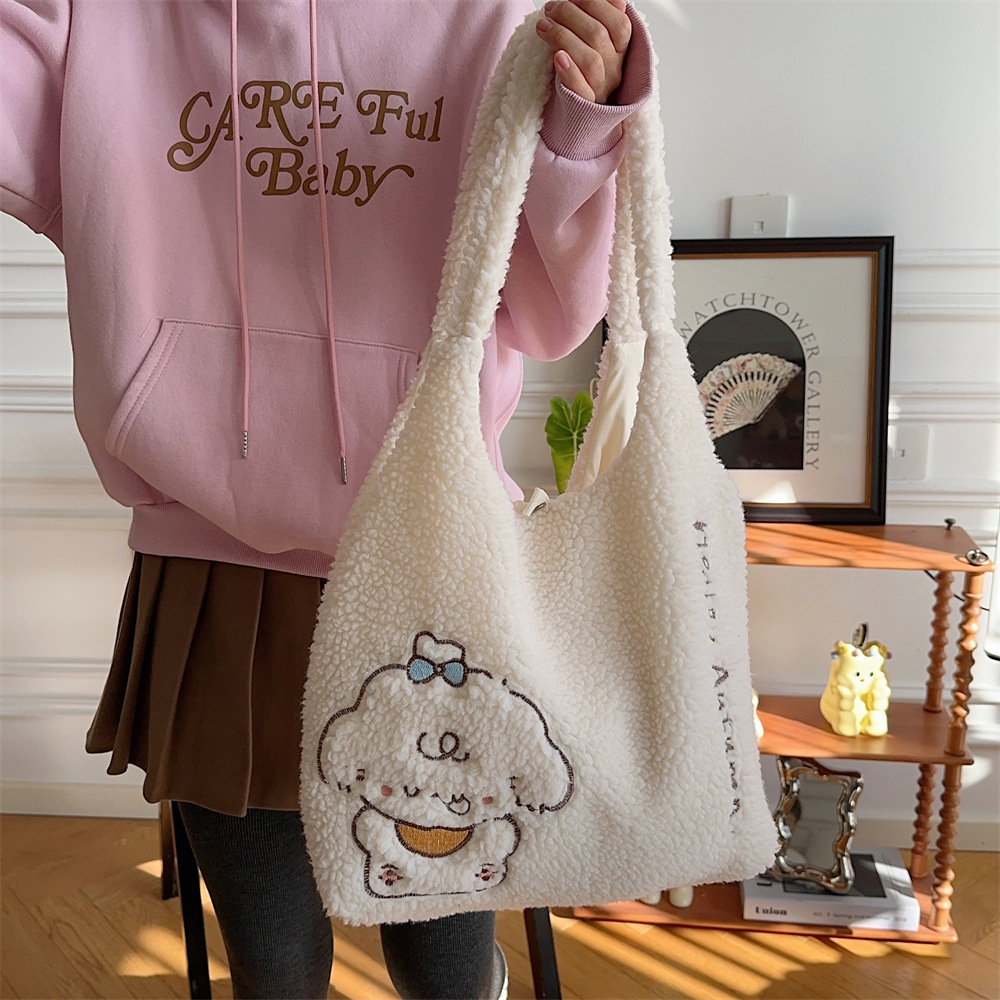 312201 Korean version ins Autumn/Winter Collection, fluffy single-shoulder bag, cute female dog embroidered large capacity tote bag undefined