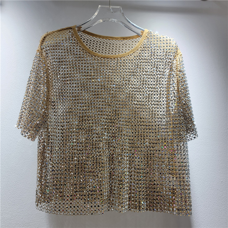 Diámetro de diamante hueco de diseño de perspectiva sensación de cuello redondo chaqueta corta delgada camiseta de mujer estilo extranjero blusa universal