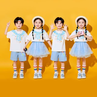 六一儿童演出服小学生运动会啦啦操班服合唱表演卡通T恤 蓝色纱裙