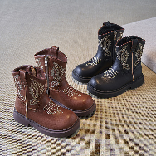 Children's Martin Boots New Autumn/Winter Soft Sole Mid-Center Chelsea Leather Boots for Girls Chinese Style Retro Embroidered Denim Boots