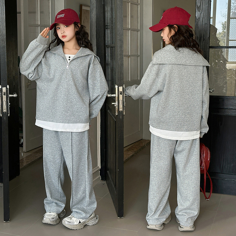 Girl's suit Spring and Autumn New Western Style Junior High School and High School Girl's Fake Two-Piece Sweat Pants Two-Piece Set