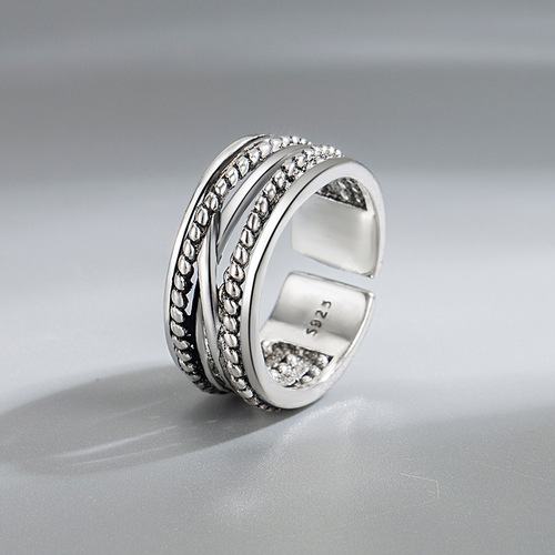 Braided twisted rope ring, retro imitation Thai silver, old men's and women's creative personalized copper coin open ring