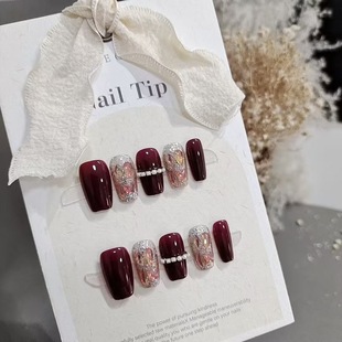 Wearable Nails 10 Pieces S061 Red Starry Short Ladder Chain Diamond Accessible Luxury Bridal Diamond High-End Elegant Whitening Fake Nails