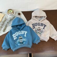 儿童加绒连帽卫衣2025冬季新款男女童时尚宽松橄榄球印花韩版上衣