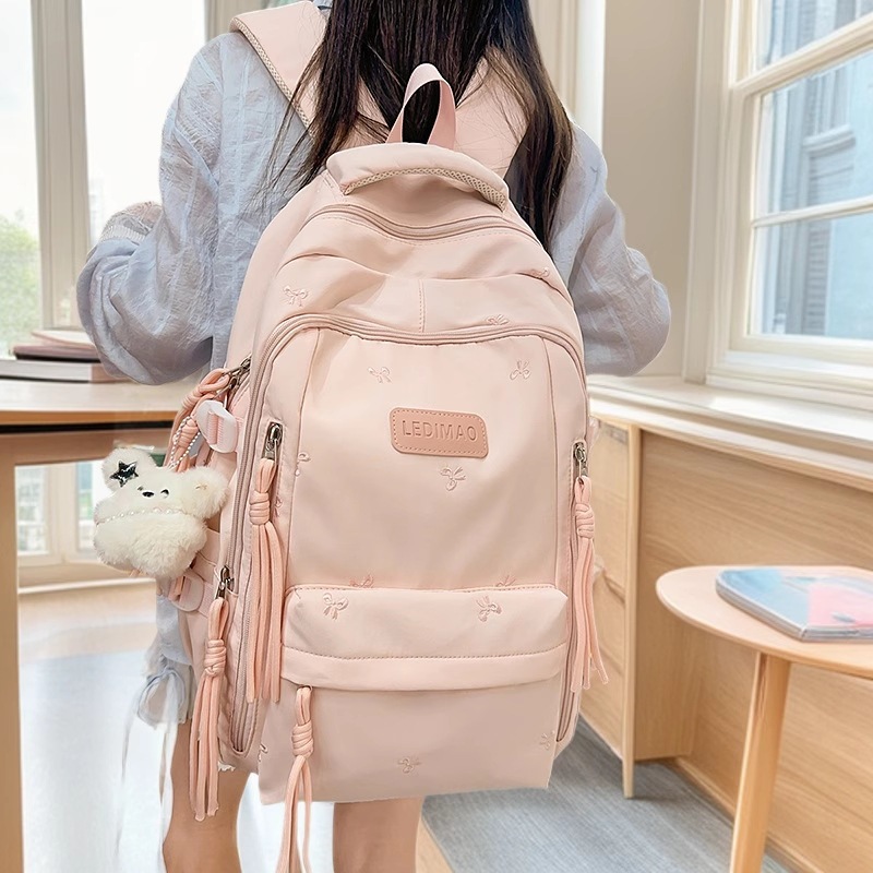 Cross-Border Fashion College Style Large-Capacity Bow Embroidery Women's Backpack Junior High School and High School Student School Bag Wholesale