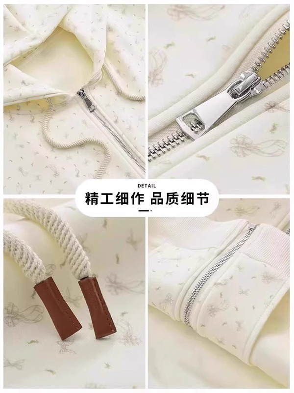 蝴蝶结碎花连帽卫衣外套女春秋2025新款韩系长袖拉链开衫上衣早秋|undefined