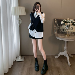 休闲运动套装女春秋季新款高端时尚减龄白色衬衫马甲短裤三件套潮