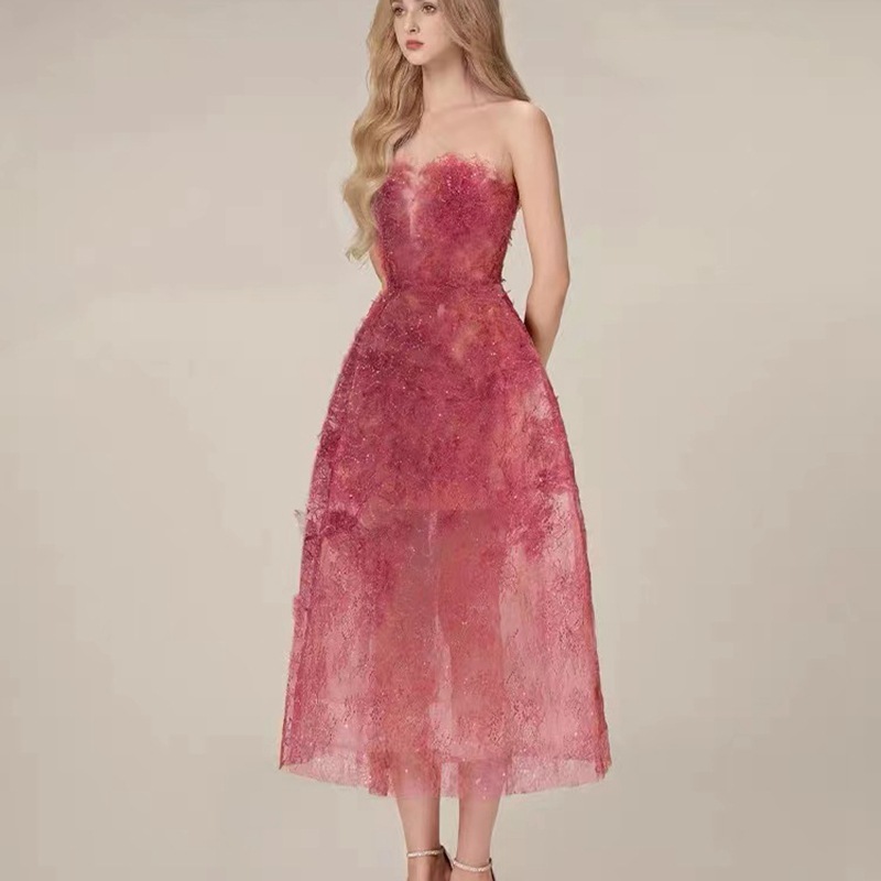 Cross-Border Women's Clothing Summer New Lace Dress Floral Sequin See-Through Heavy-Duty Strapless Light Luxury Dress