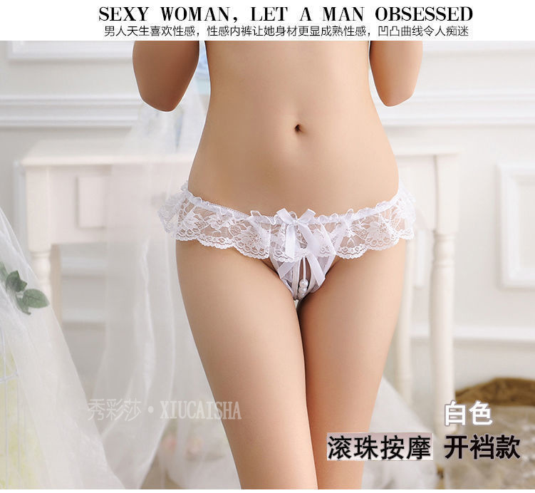 Lace Pearl G-string Thong, White One Size, Sheer Crotchless Design — detail image 12