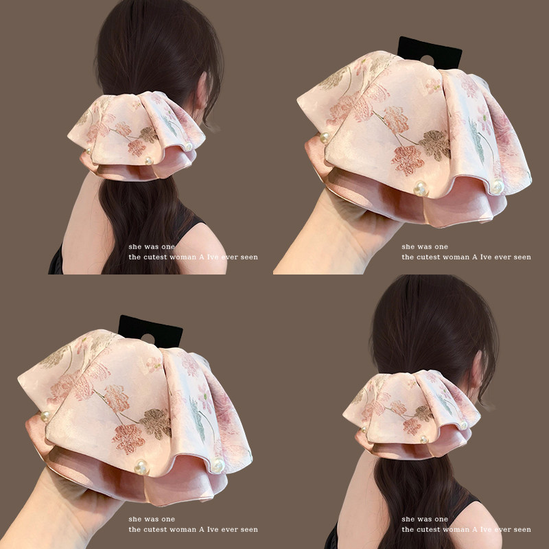 Korean-Style Pink Satin Hair Clip for Full Ponytail, High-End Pearl Hairpin, Versatile Hair Accessory for Women Korean-Style Pink Satin Hair Clip for Full Ponytail, High-End Pearl Hairpin, Versatile Hair Accessory for Women
