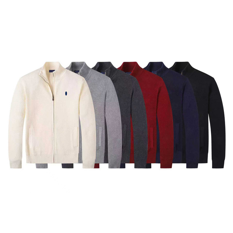 Knitted sweater with stand-up collar and full zipper, men's spring and autumn new business style sweater with pony logo, men's outerwear