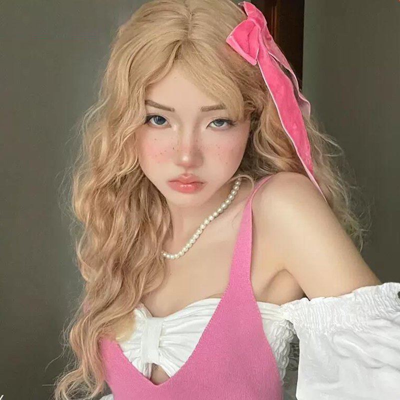 Zicen Wig Women's White Blonde Long Hair Wool Roll Spice Girl Style lolita Roll Bangs Corn Hot Full Head Cover