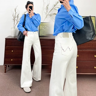 织志弹力纯白牛仔长裤女款高腰白牛女式筒喇牛仔裤美式九分裤中山
