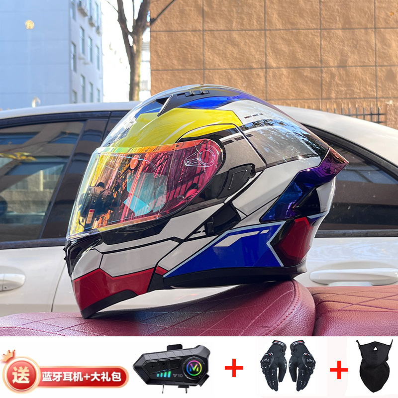 Casco de exposición Orz para hombres y mujeres invierno Doble espejo coche eléctrico semi-Casco completo cola de color coche deportivo ranura Bluetooth cuatro estaciones casco