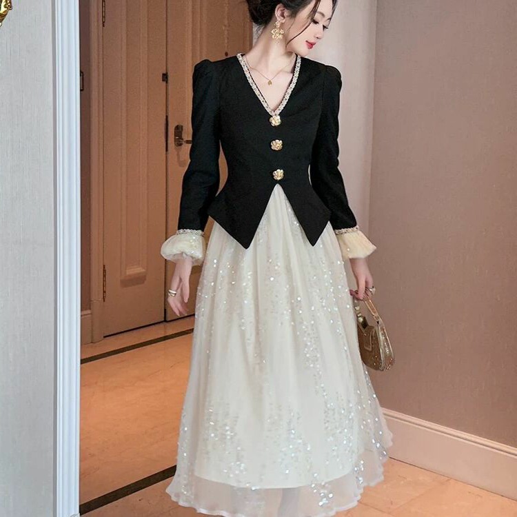 法式高级感洋气连衣裙女春秋韩版收腰显瘦假两件名媛千金风长裙子|undefined