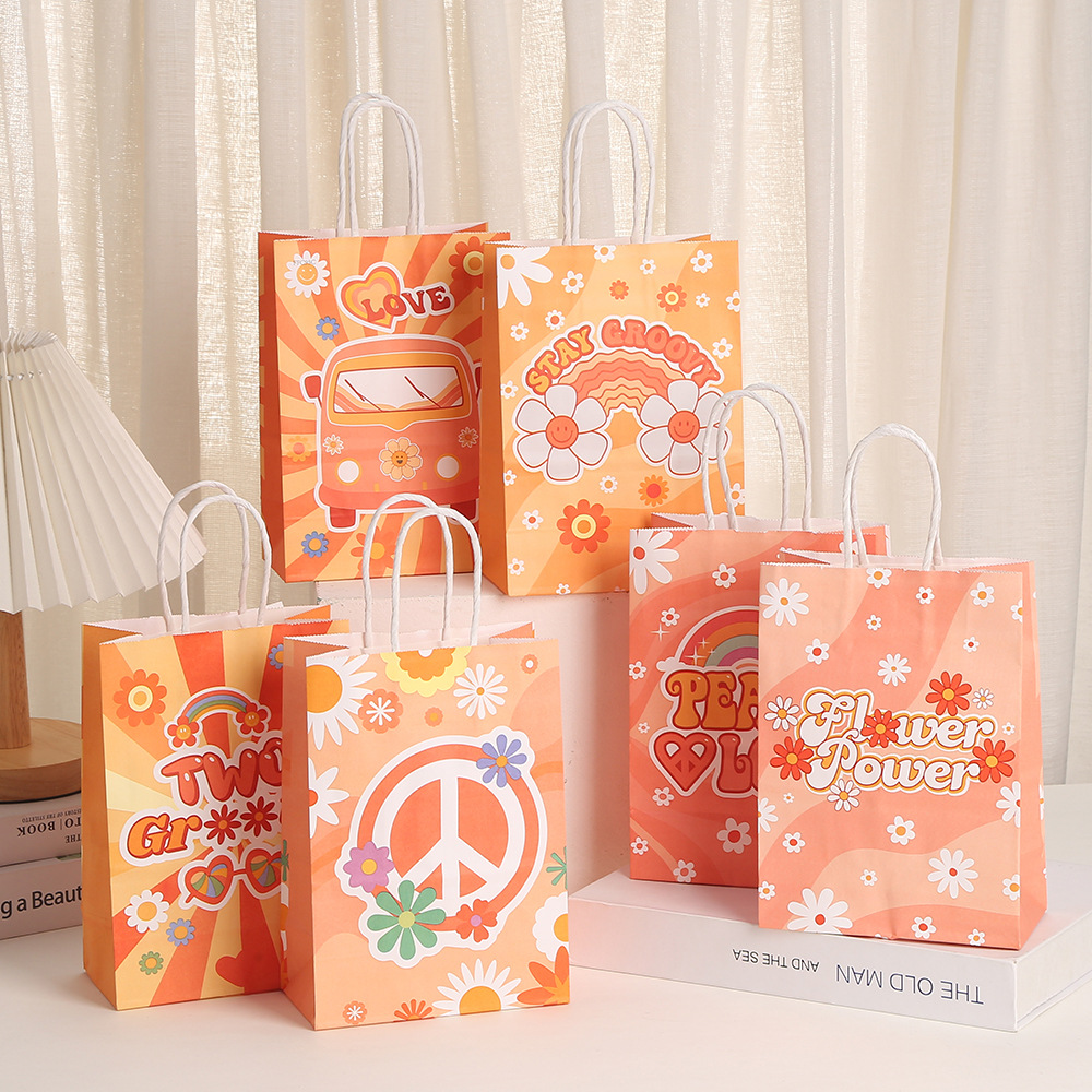 夏日橙色包装袋卡通印花手提袋派对生日礼物礼品袋牛皮纸袋批发